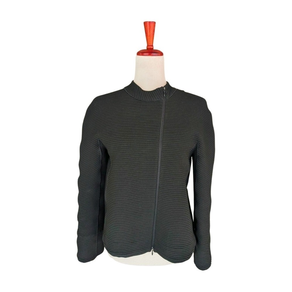 ARMANI COLLEZIONI Black Stretch Ribbed Long Sleeve Asymmetrical Zip Jacket SZ 4